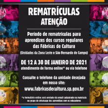 Cartaz de rematrículas com a descrição de como renovar sua inscrição com mesmo texto descrito no corpo desse informativo.
