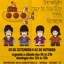 animações do beatles no fundo amarelo com letras pretas e um submarino